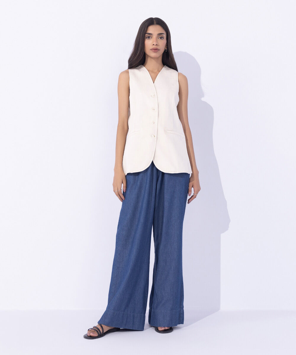 Women's Western Wear Beige Cotton Twill Waistcoat