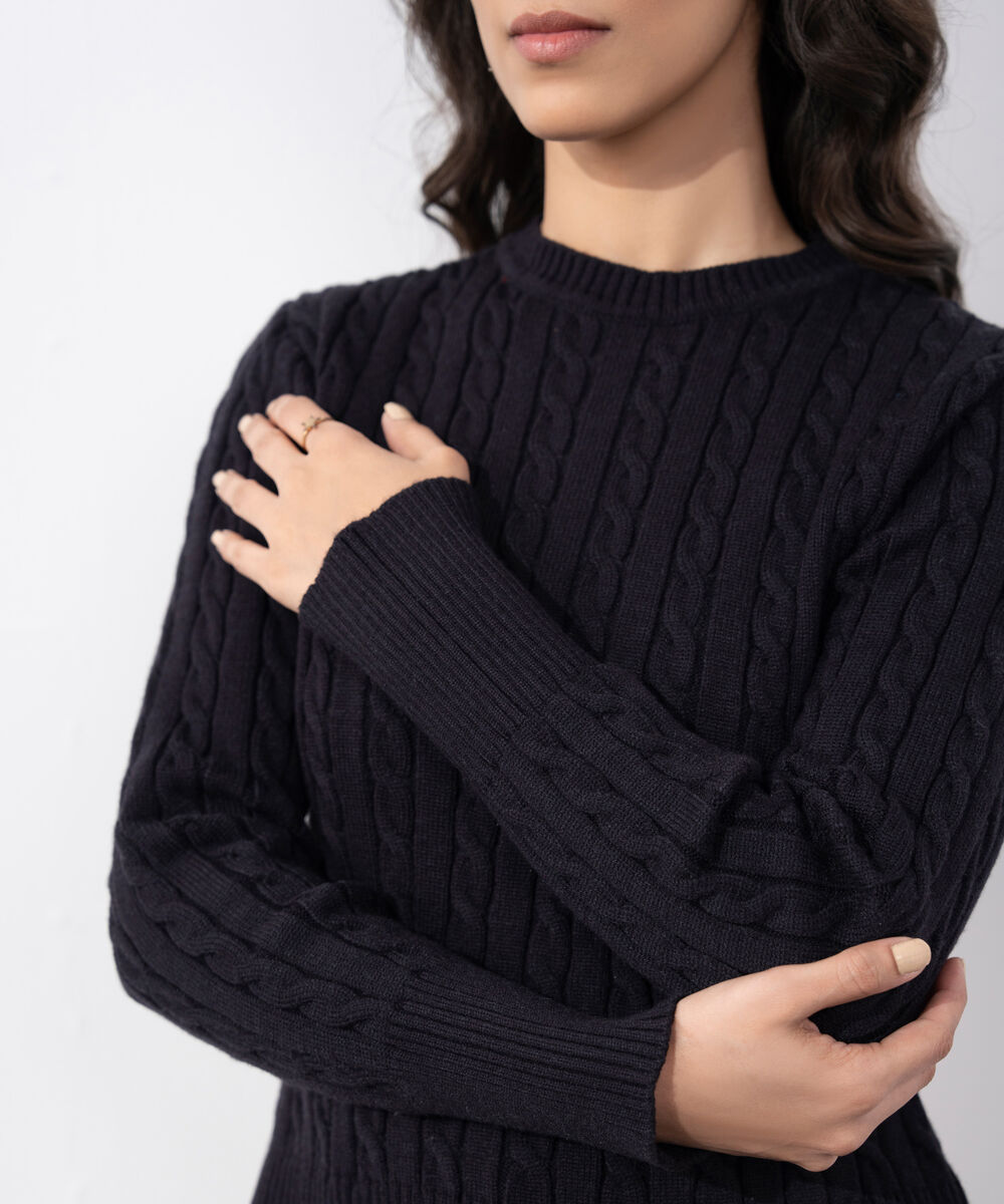 Women's Western Wear Dark Blue Cable Knit Sweater