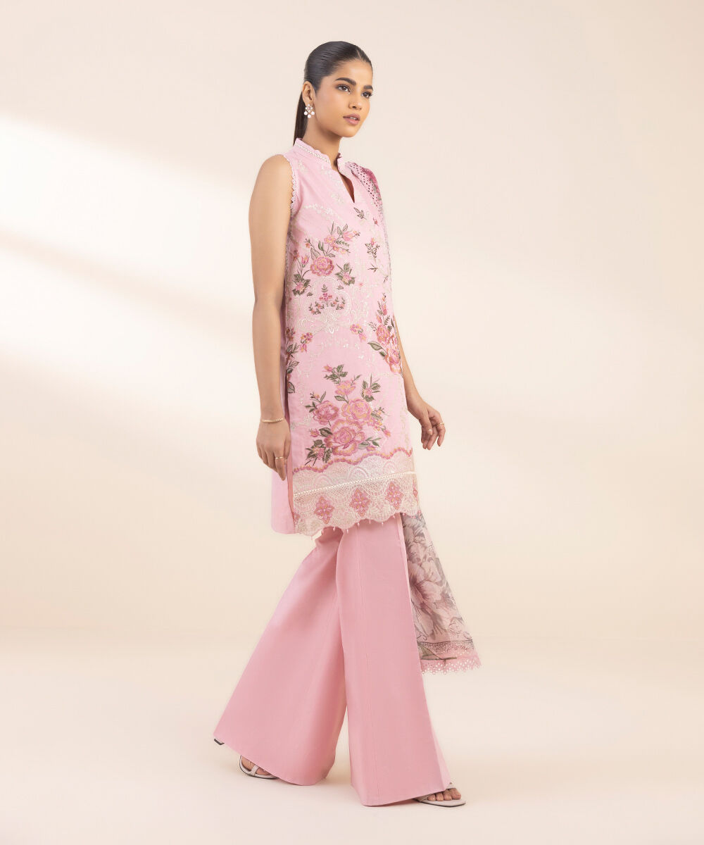 Women's Unstitched Embroidered Cotton Pink 3 Piece Suit