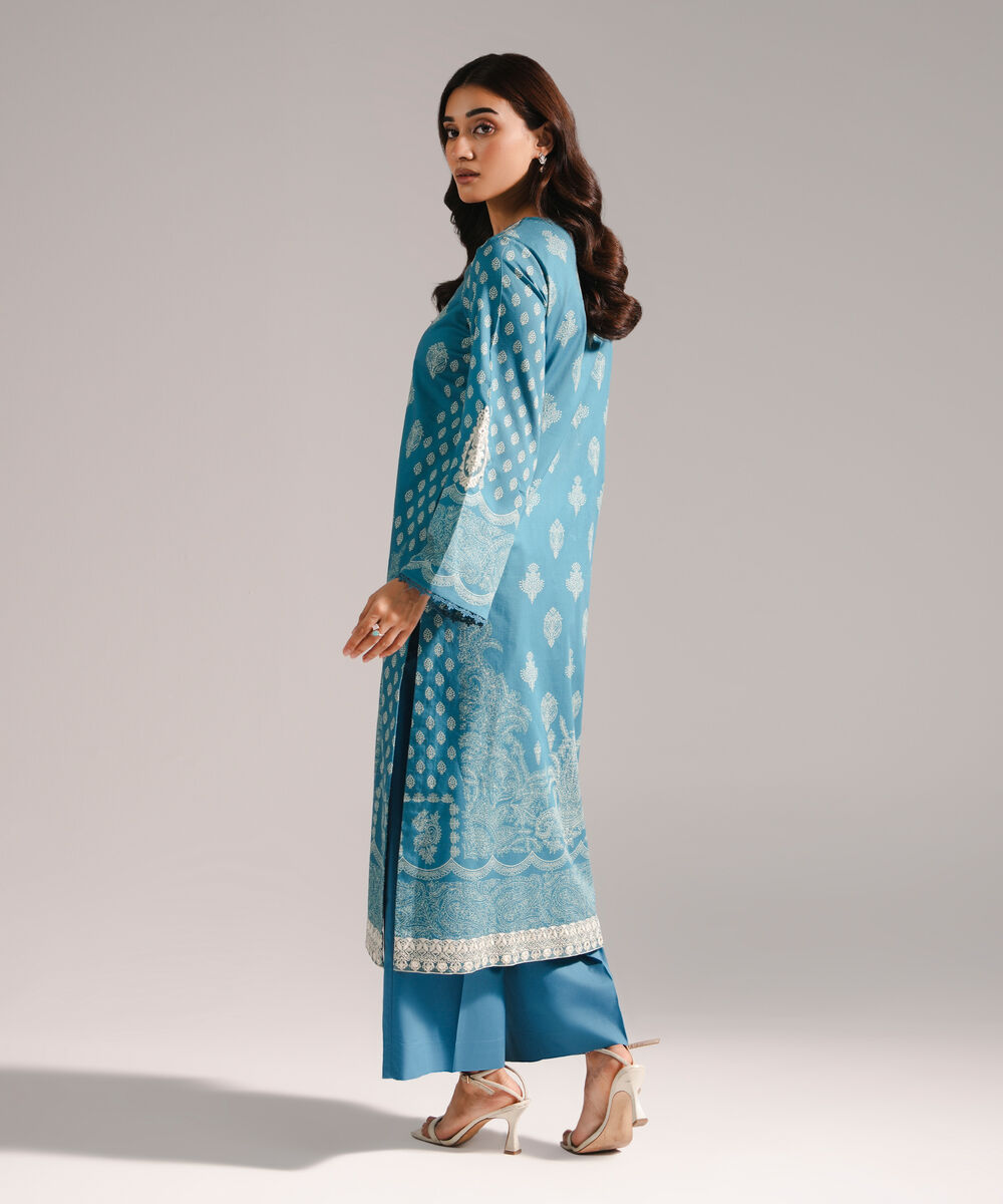 Women's RTW Textured Cotton Embroidered Blue 2 Piece Suit