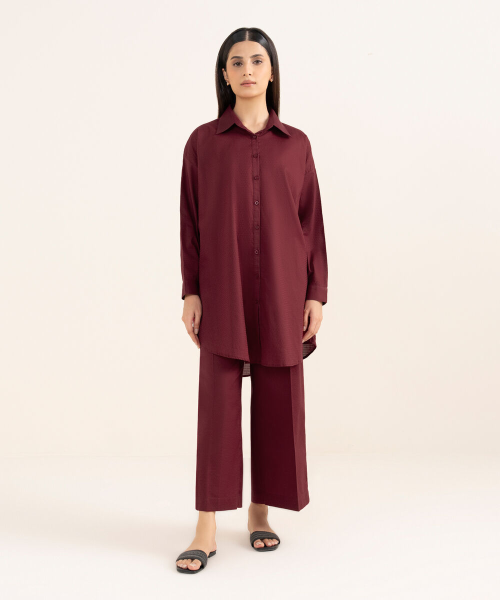 Women's RTW Textured Lawn Maroon Solid Button Down Shirt