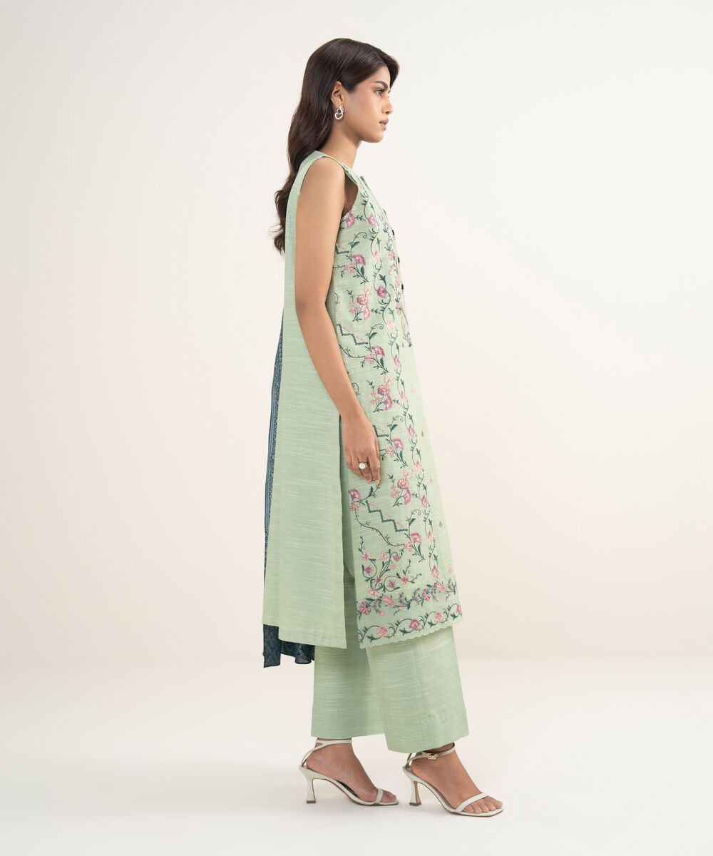 Women's Unstitched Zari Khaddar Light Green 3 Piece Suit