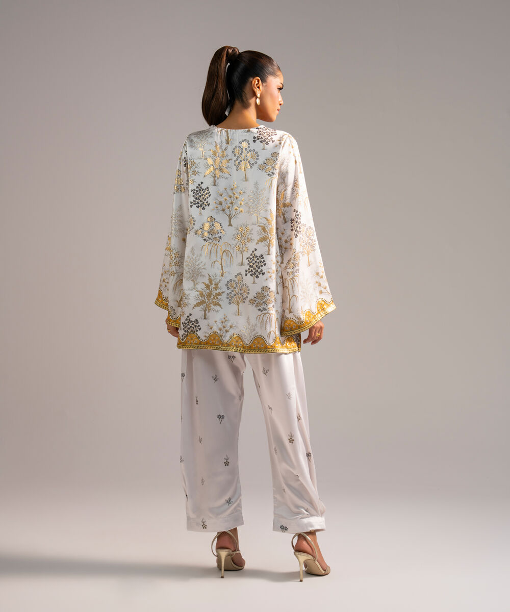 Women's RTW Blended Satin Printed White 2 Piece Suit