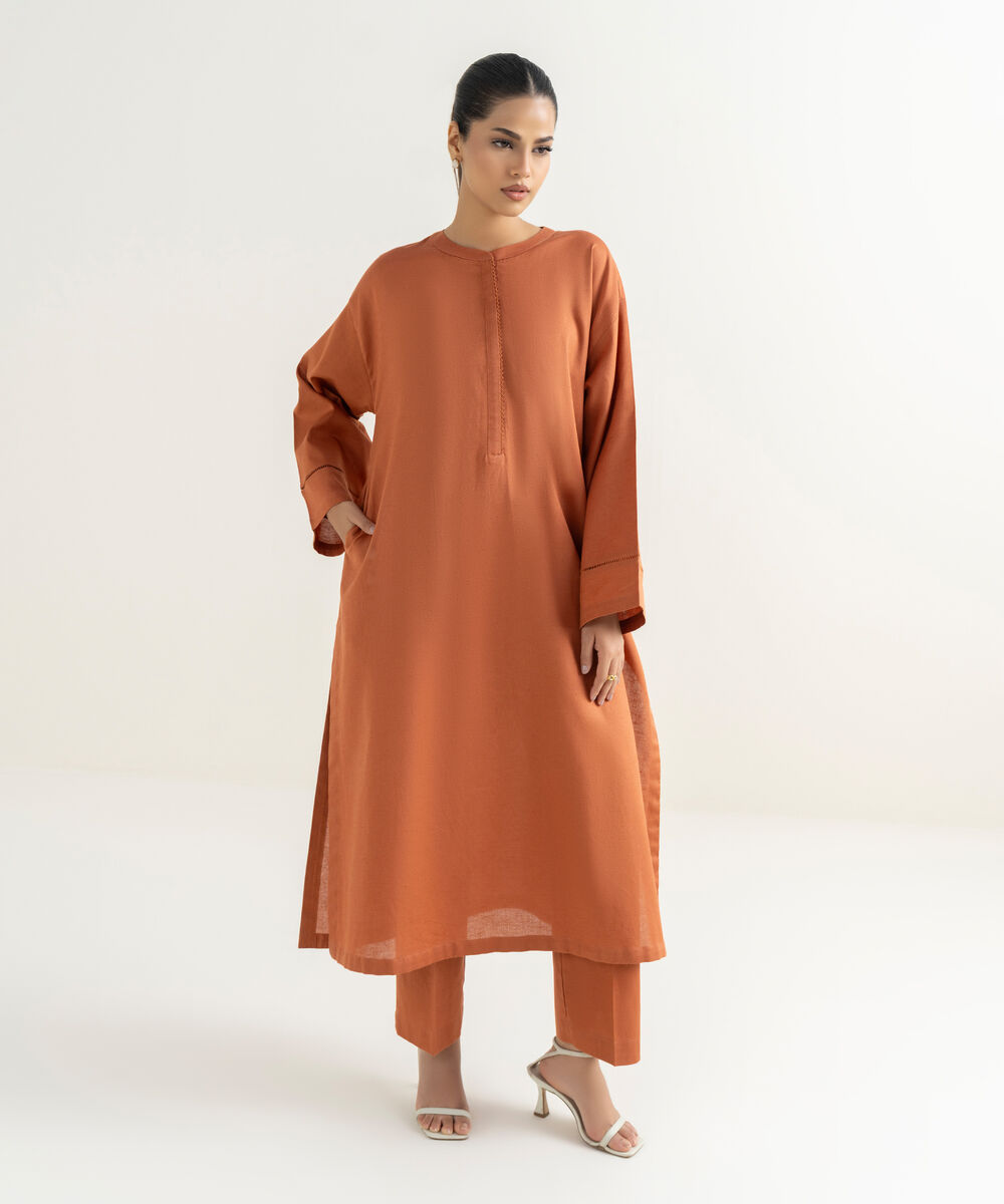 Women's RTW Cotton Linen Orange Solid Drop Shoulder Shirt