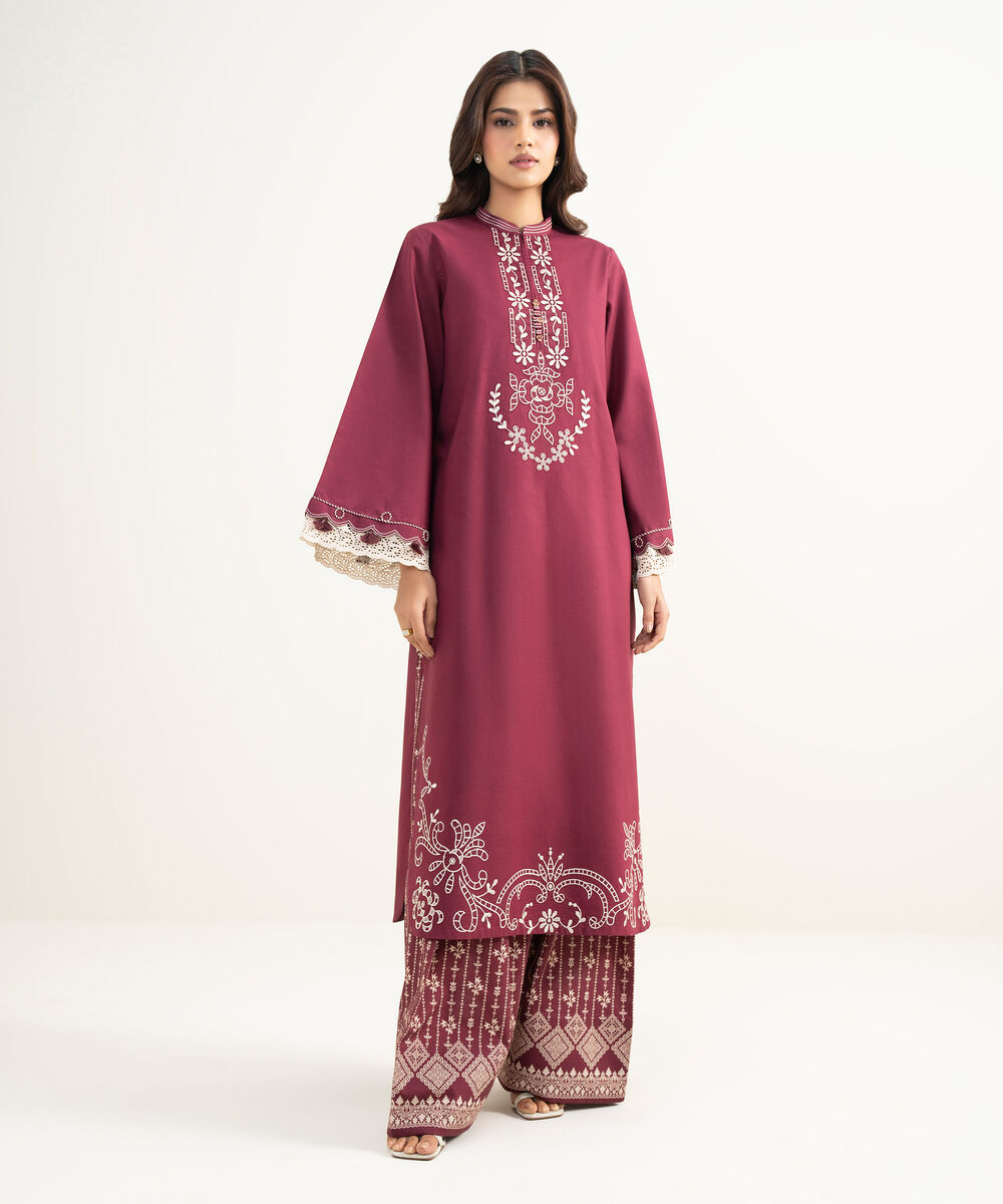 Women's Unstitched Lawn Embroidered Red 2 Piece Suit