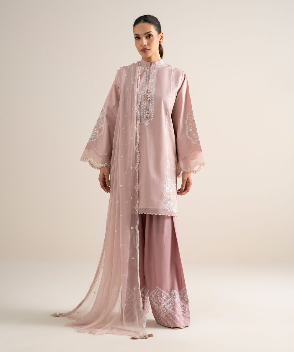 Women's Unstitched Slub Lawn Embroidered Pink 3 Piece Suit
