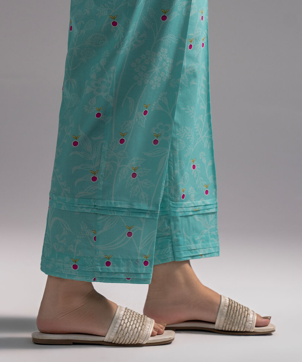 Women's RTW Cambric Printed Turquoise Straight Pants
