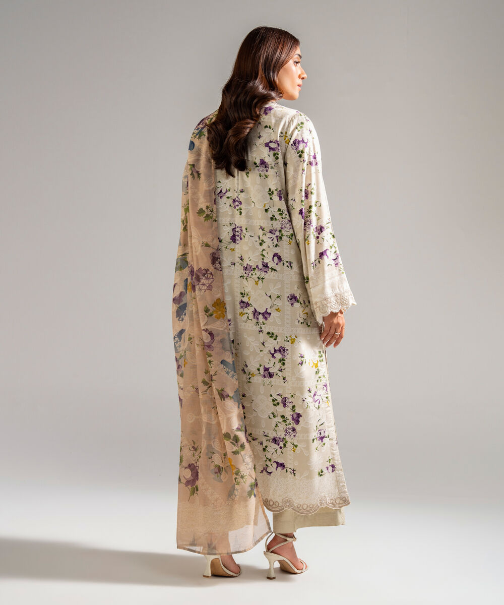 Women's RTW Self Jacquard Embroidered White 3 Piece Suit