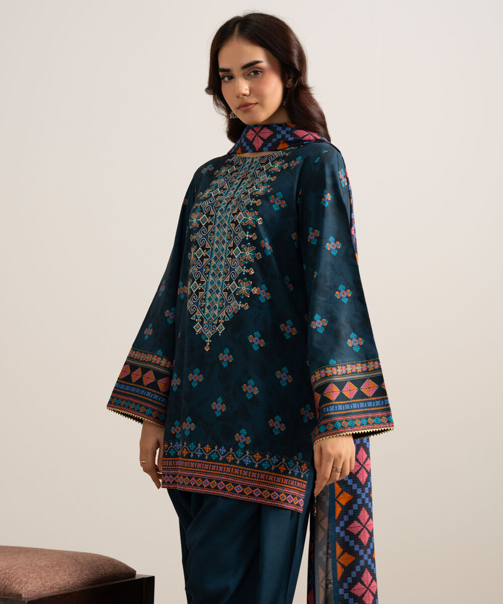 Women's Unstitched Embroidered Linen Blue 3 Piece Suit