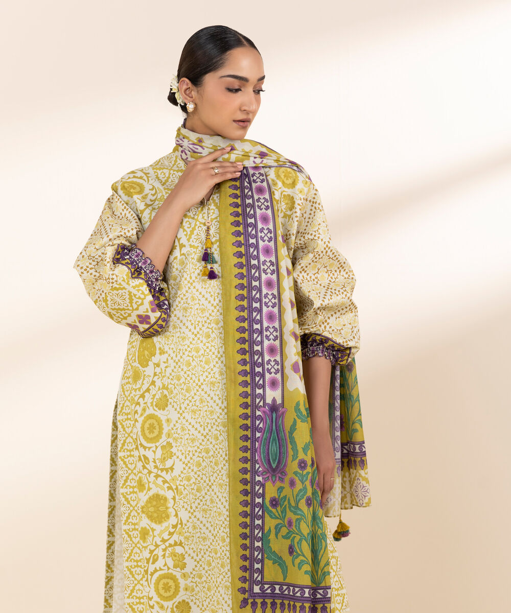 Women's Unstitched Lawn Printed Yellow 2 Piece Suit