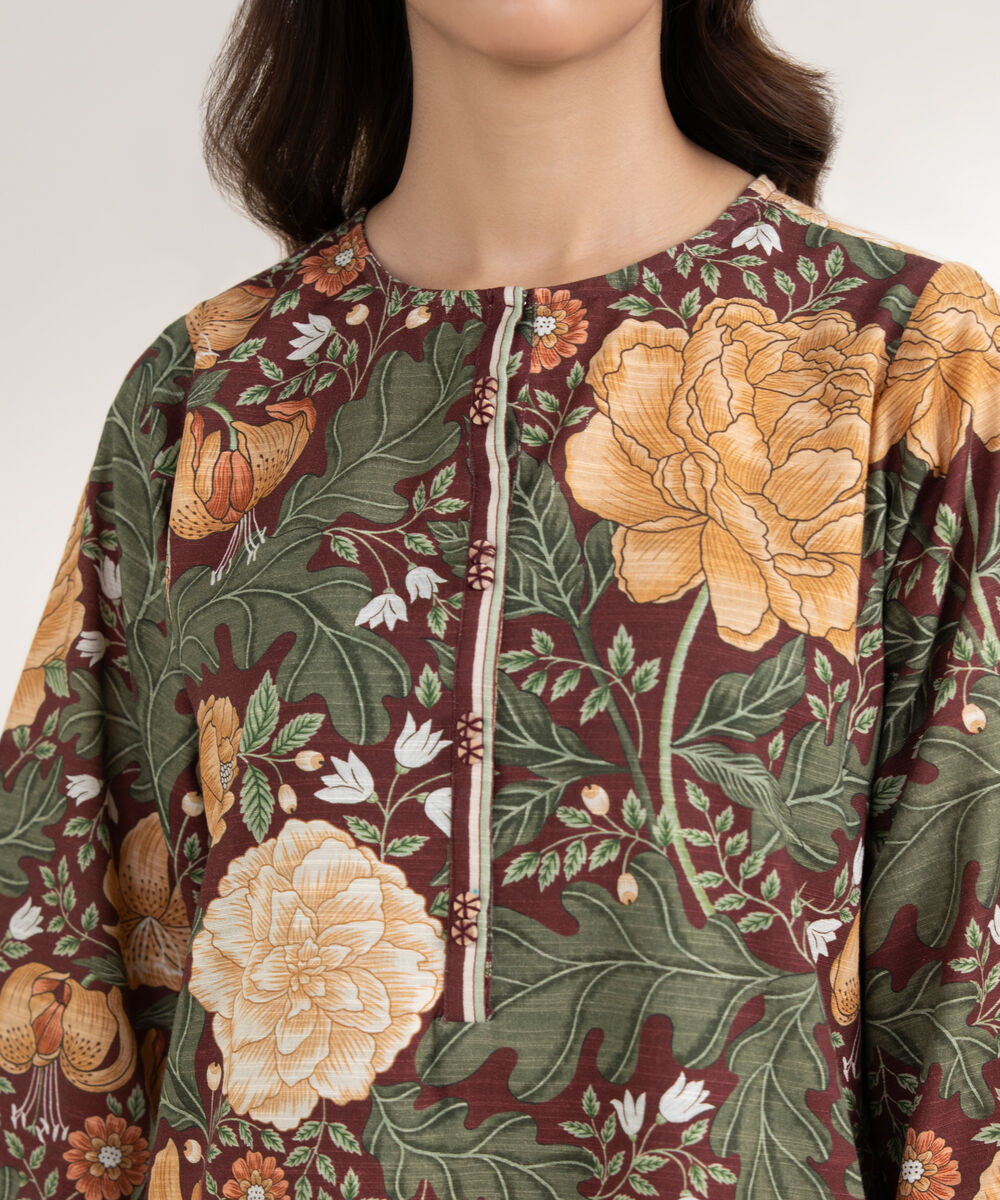Women's RTW Khaddar Printed A-Line Maroon Shirt