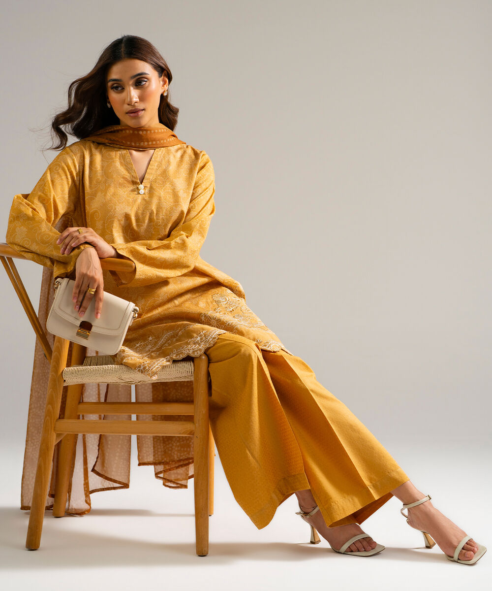 Women's RTW Self Jacquard Embroidered Yellow 3 Piece Suit