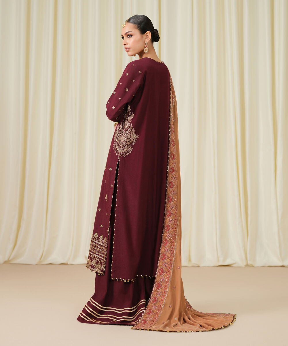 Women's Unstitched Embroidered Viscose Raw Silk Maroon 3 Piece Suit