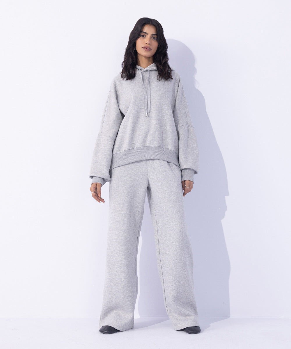 Woman - Grey Fleece Wide Leg Jogging Trousers