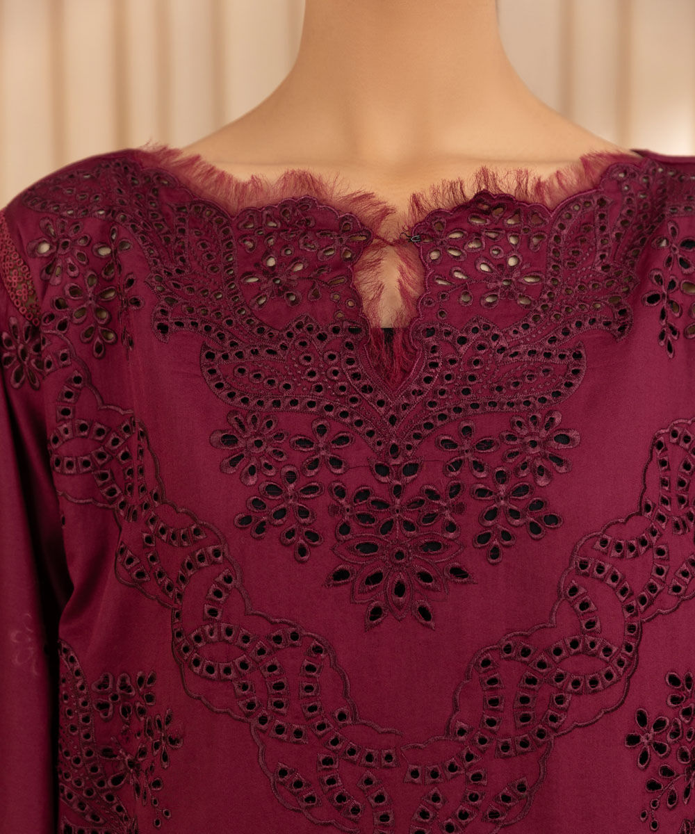 Unstitched Women's Embroidered Fine Cotton Satin Red Three Piece Suit