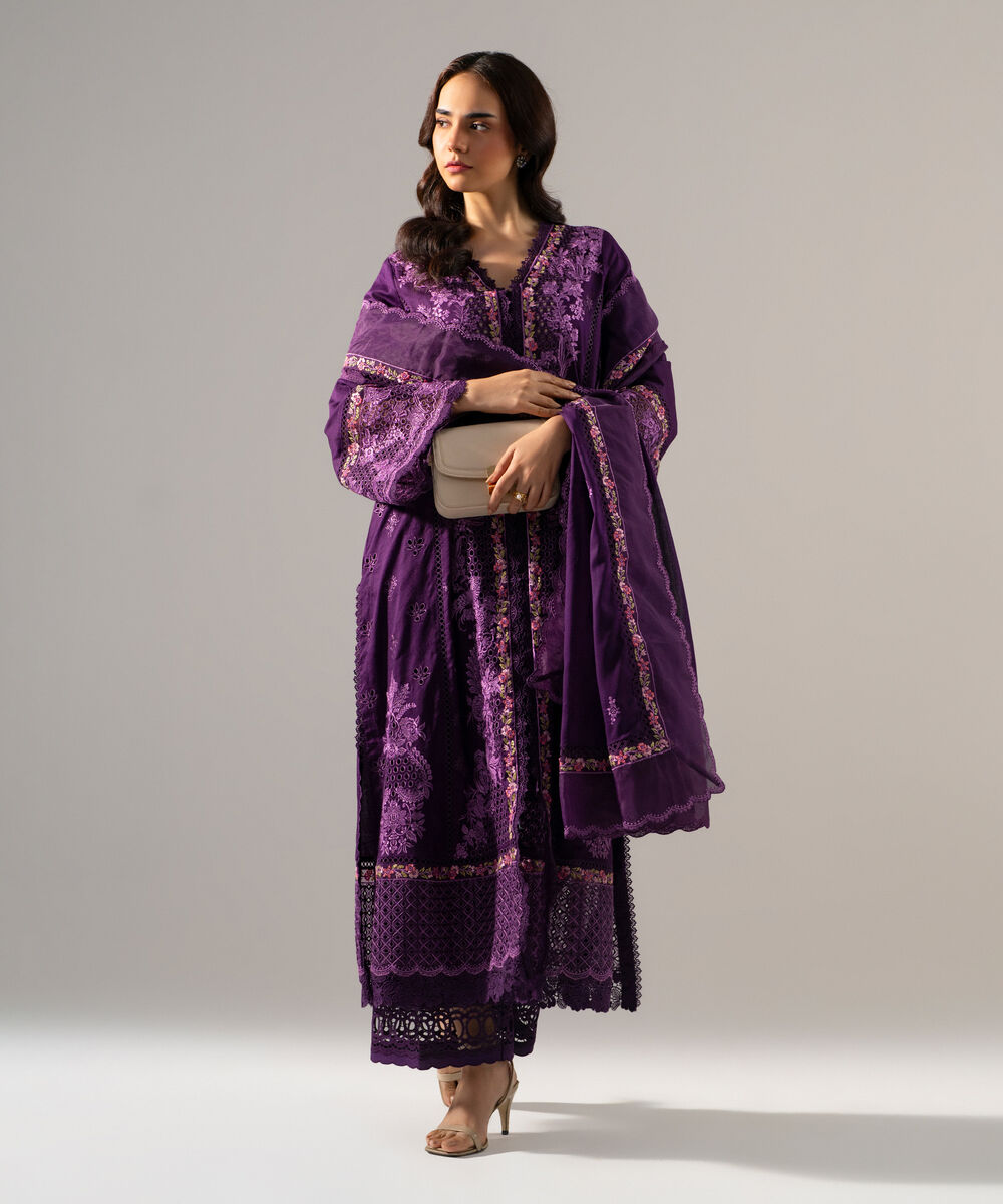 Women's RTW Self Jacquard Solid Embroidered Purple 3 Piece Suit