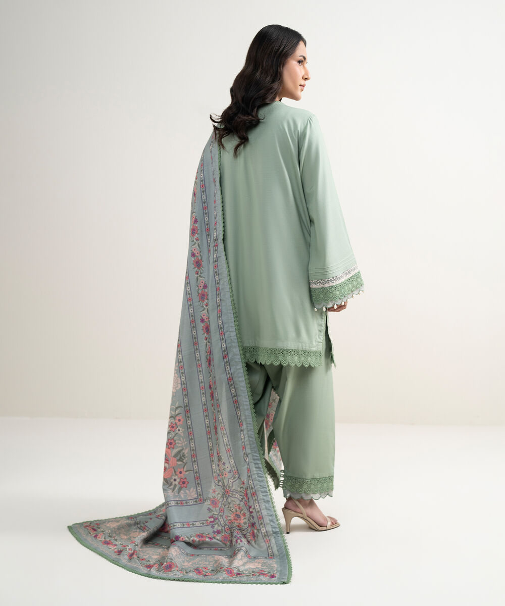 Women's RTW Cotton Viscose Embroidered Green 3 Piece Suit