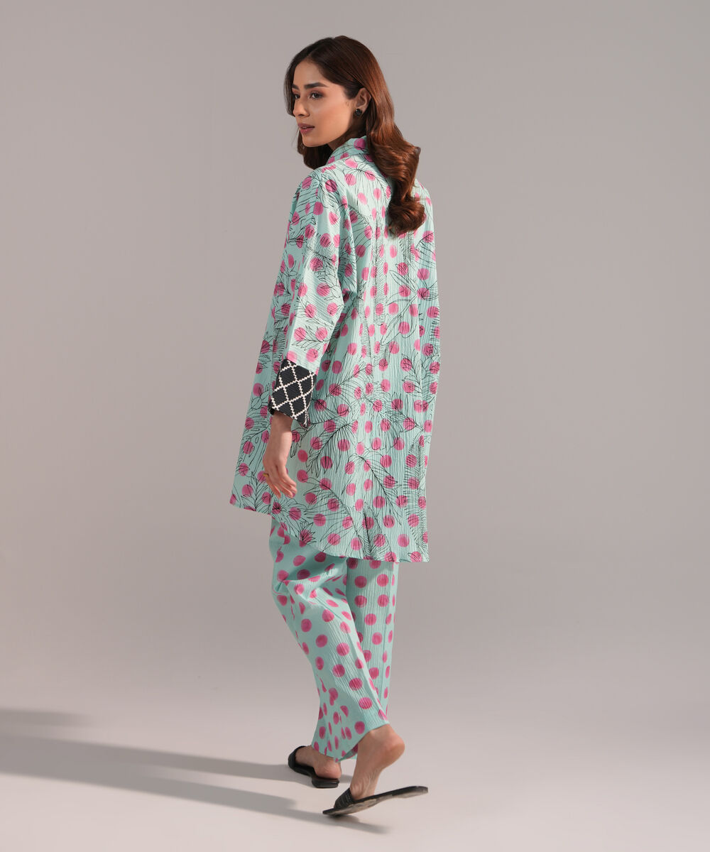 Women's RTW Seersucker Printed Turquoise Drop Shoulder Shirt