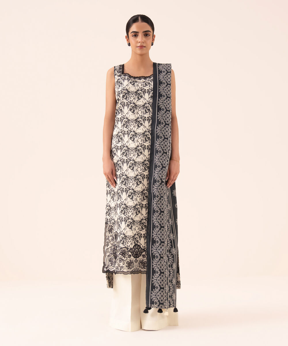 Women's Unstitched Cotton Embroidered Black 3 Piece Suit