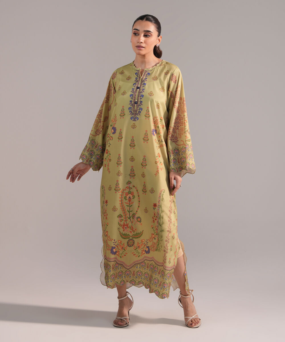 Women's RTW Blended Grip Silk Printed Green A-Line Shirt