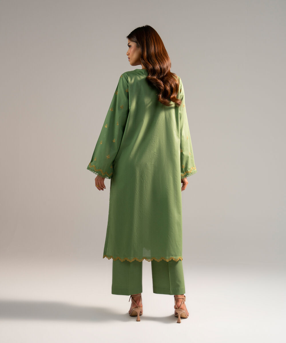 Women's RTW Dobby Embroidered Green 2 Piece Suit