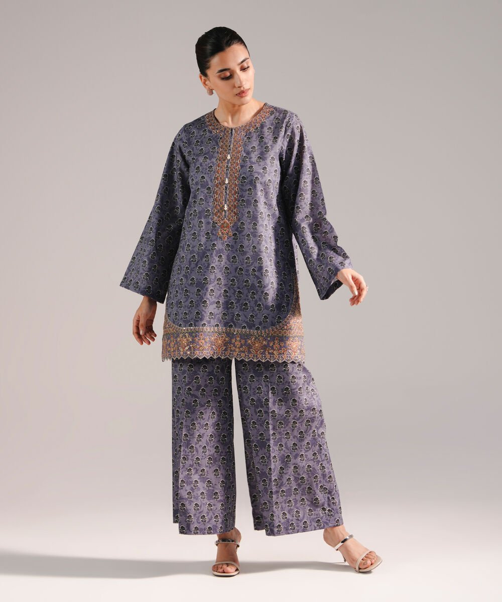 Women's RTW Slub Lawn Embroidered Slate Blue Straight Shirt