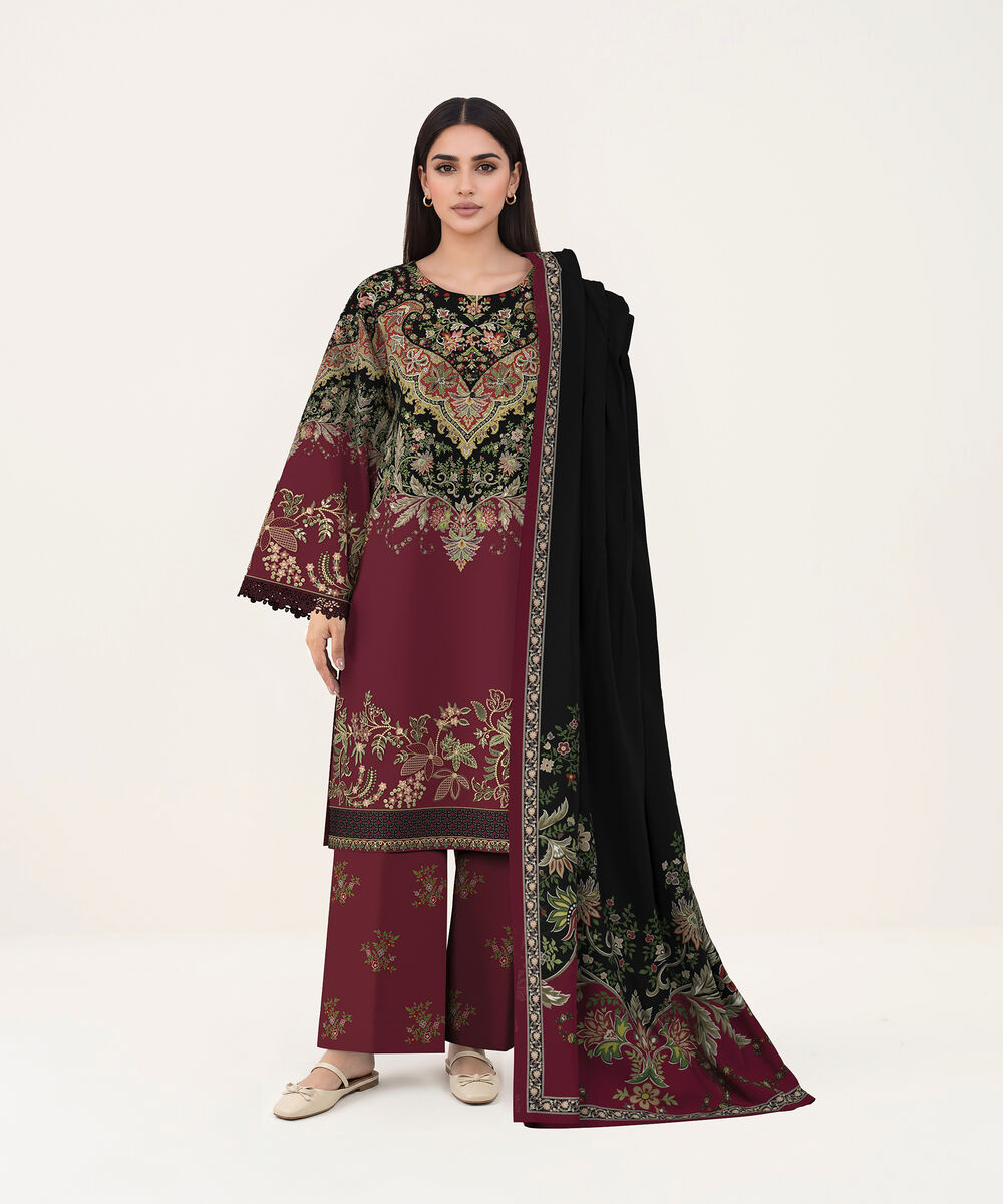Women's Unstitched Lawn Maroon Embroidered 3 Piece Suit