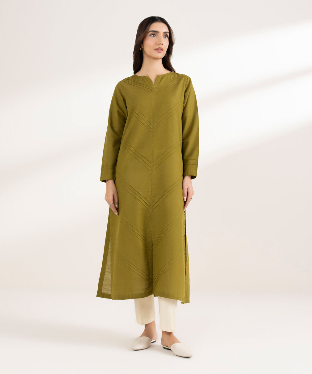 Women's RTW Khaddar Solid Straight Green Shirt