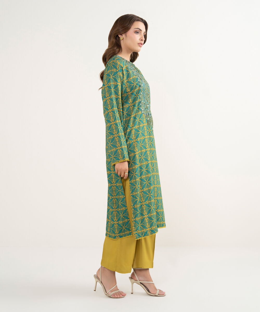 Women's RTW Arabic Cambric Embroidered Olive Green Straight Shirt