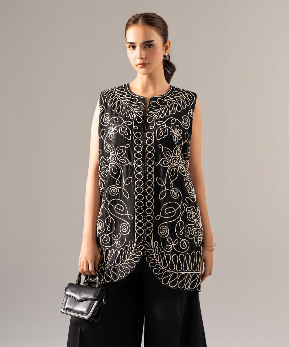 Women's RTW Viscose Marina Embroidered Black Jacket