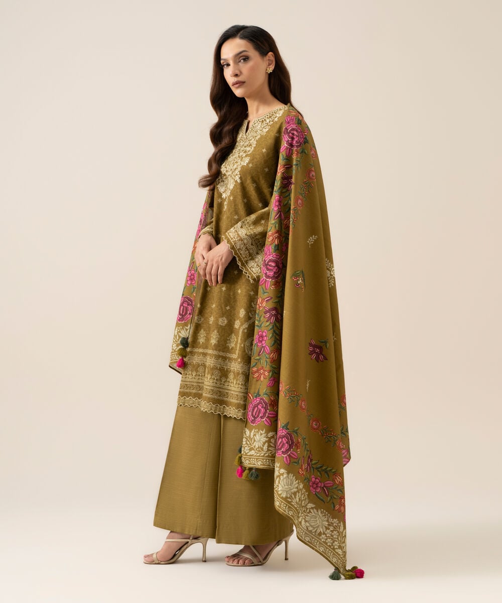 Women's Unstitched Light Khaddar Embroidered Mustard Olive 3 Piece Suit