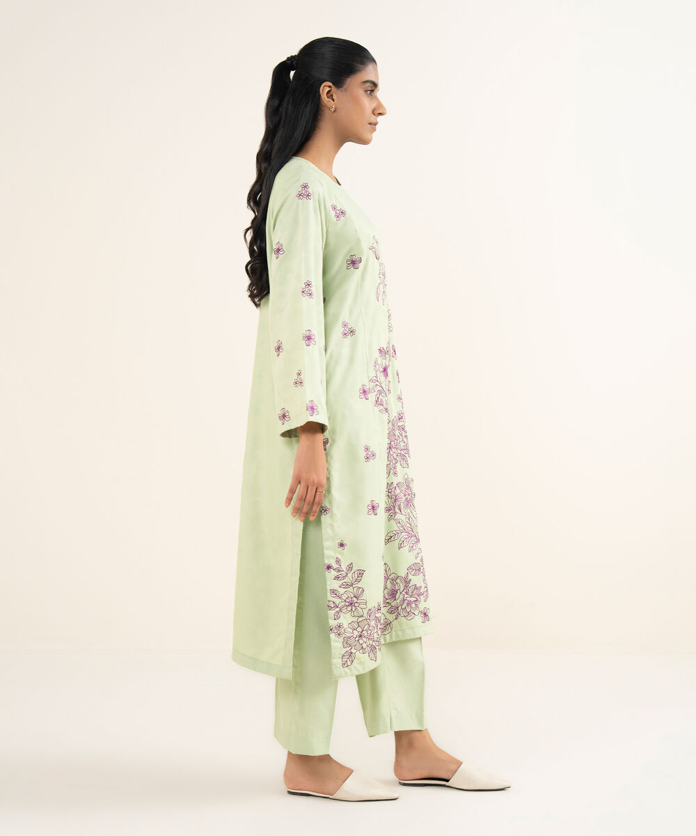 Women's RTW Self Jacquard Leno Embroidered Green Straight Shirt