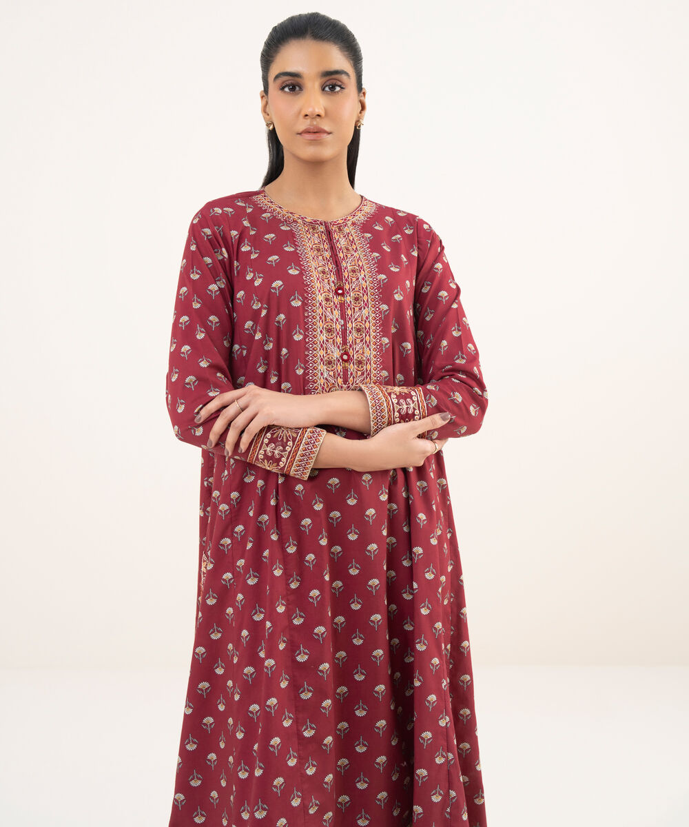 Women's RTW Cambric Maroon Embroidered A-Line Shirt