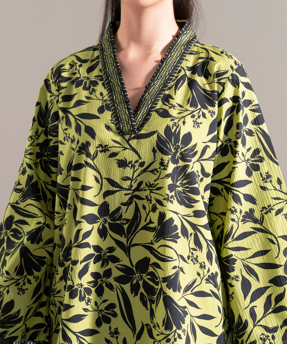 Women's RTW Seersucker Printed Green Straight Shirt
