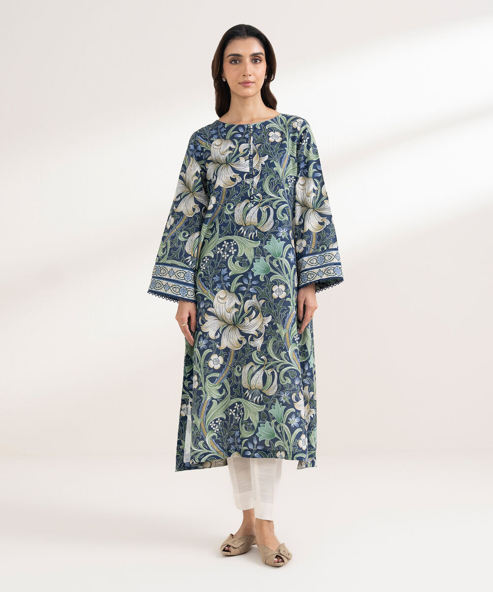 Women's RTW Cotton Printed Straight BLue Shirt