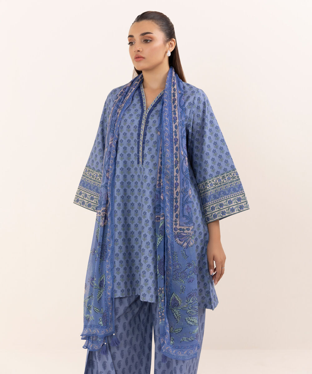 Women's Unstitched Cotton Printed Purple Three Piece Suit