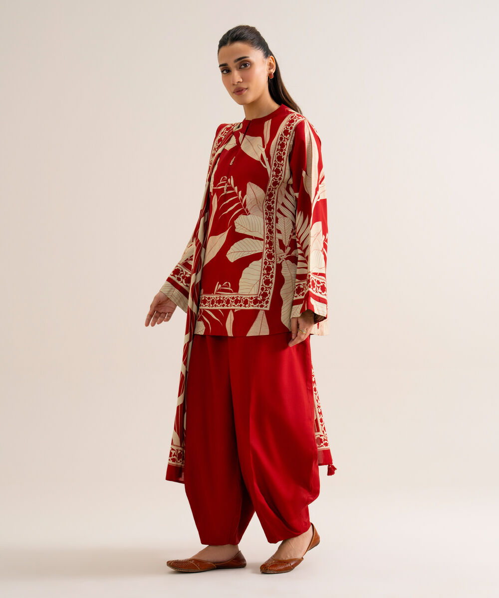 Women's Unstitched Viscose Linen Printed Red 3 Piece Suit
