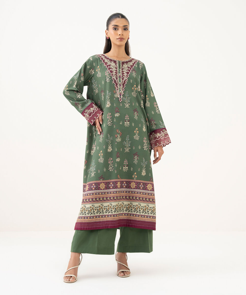 Women's RTW Textured Viscose Embroidered Green A-Line Shirt
