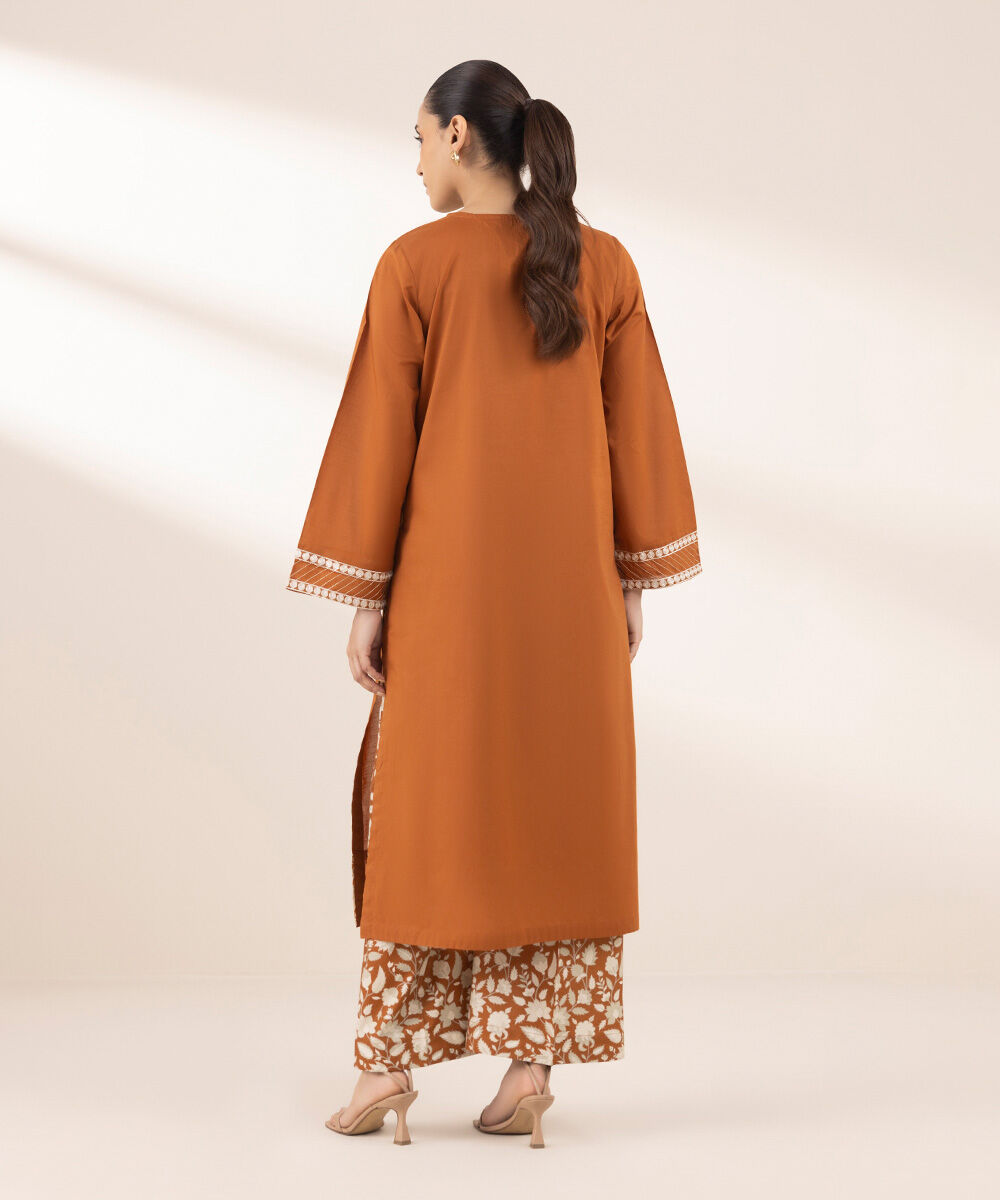 Women's RTW Textured Lawn Brown Embroidered A-Line Shirt