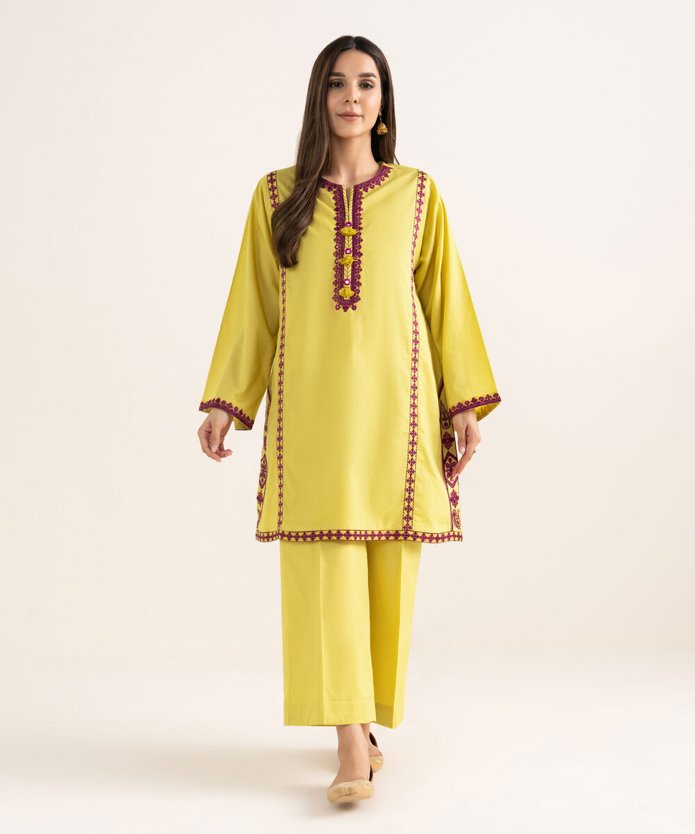 Women's RTW Textured Cotton Yellow Embroidered Boxy Shirt
