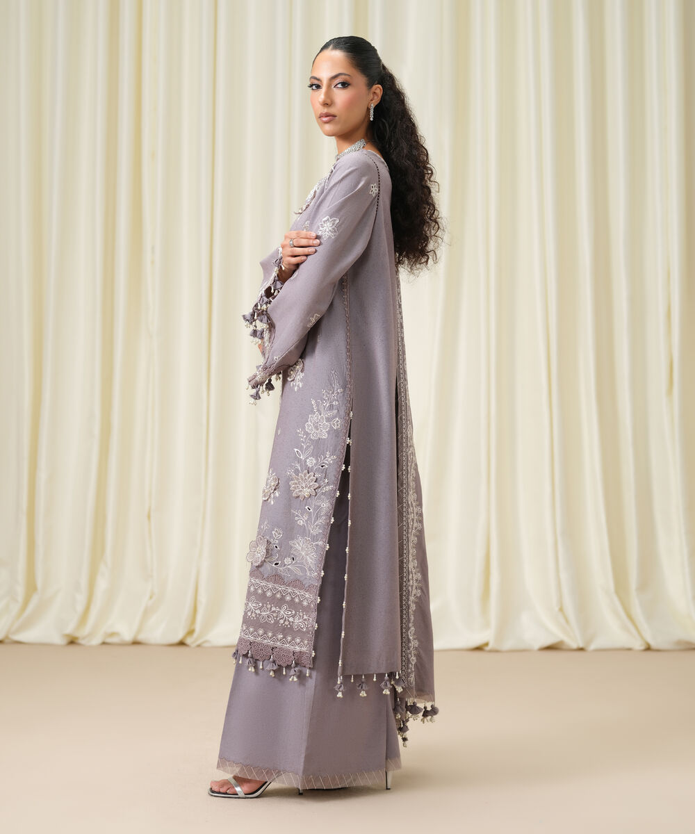 Women's Unstitched Embroidered Cotton Karandi Dusty Mauve 3 Piece Suit