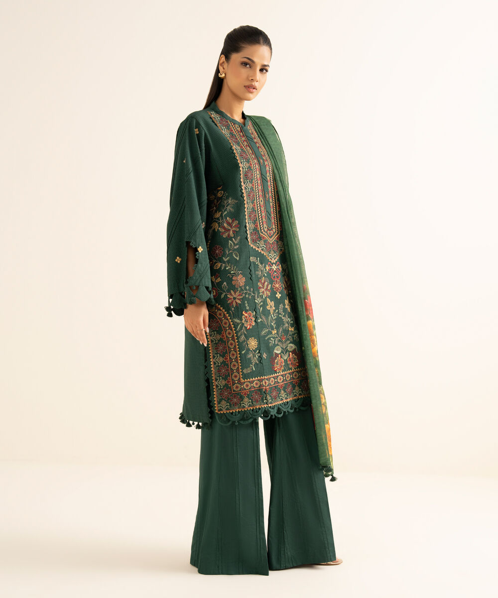 Women's Unstitched Dobby Embroidered Green 3 Piece Suit