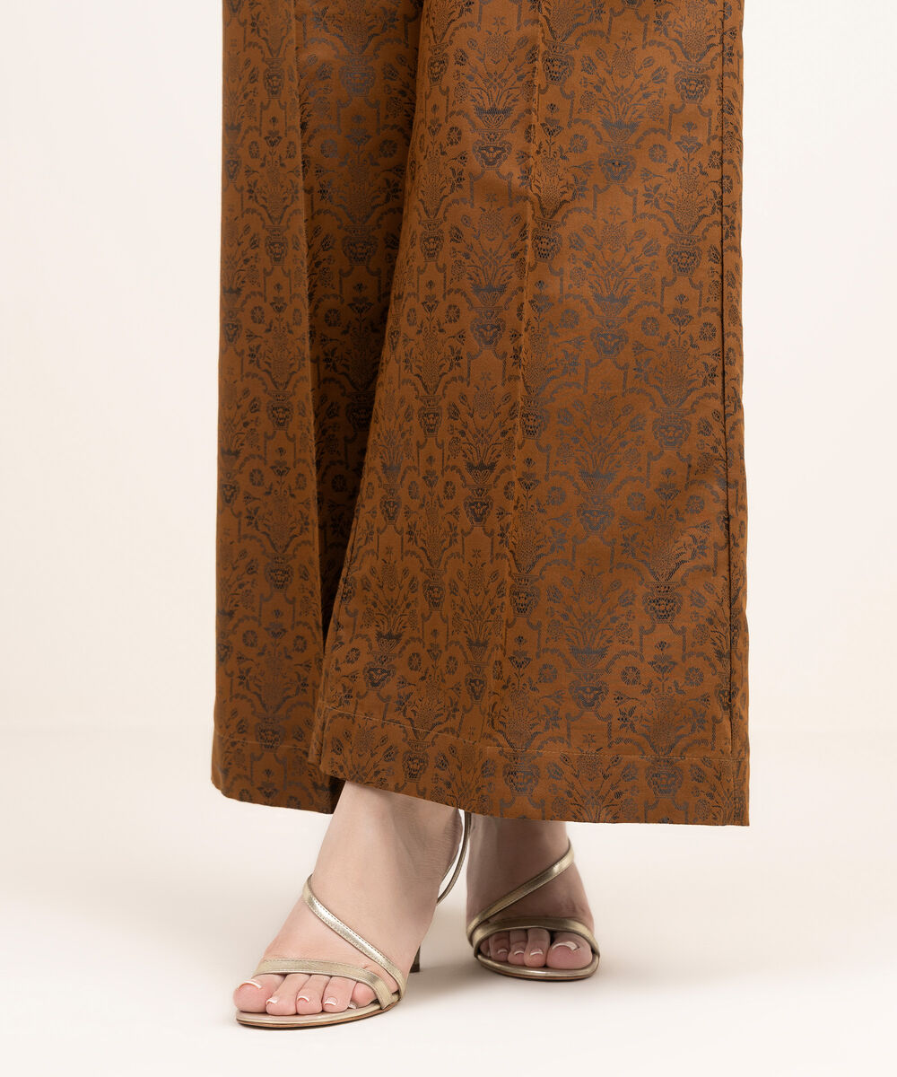 Women's RTW Extra Weft Jacquard Solid Brown Flared Pants