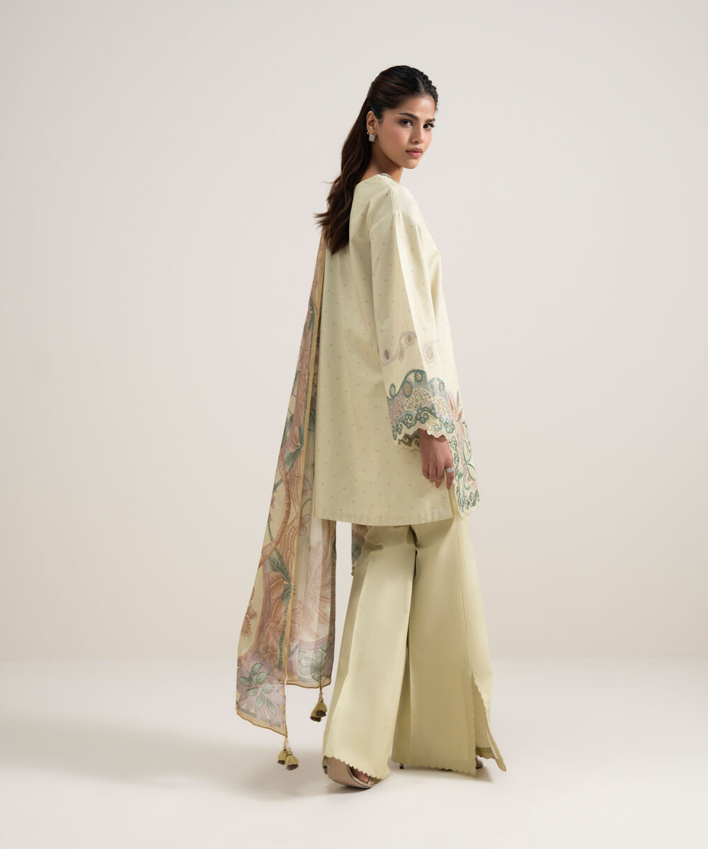 Women's Unstitched Dobby Embroidered Light Yellow 3 Piece Suit