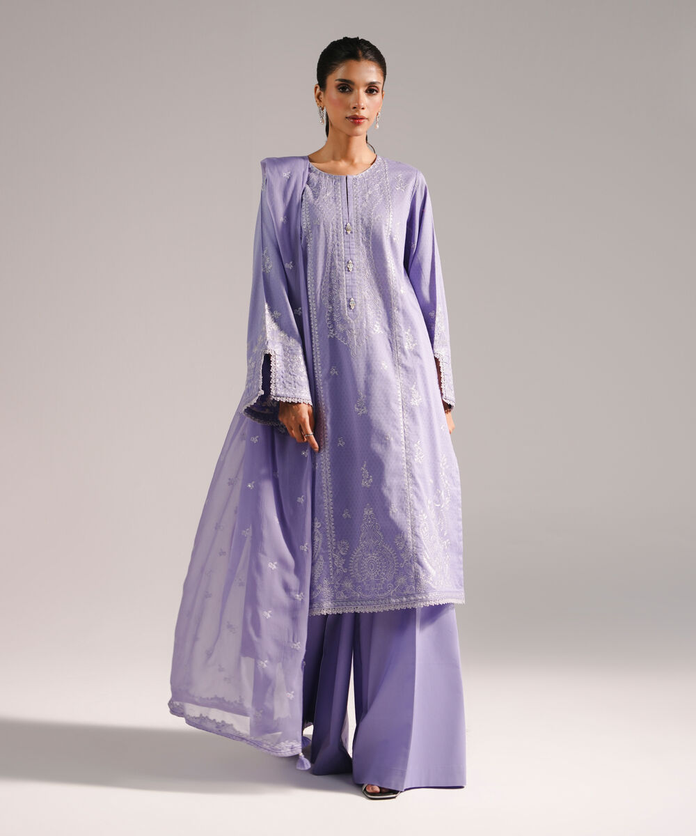 Women's RTW Dobby Embroidered Lilac 3 Piece Suit