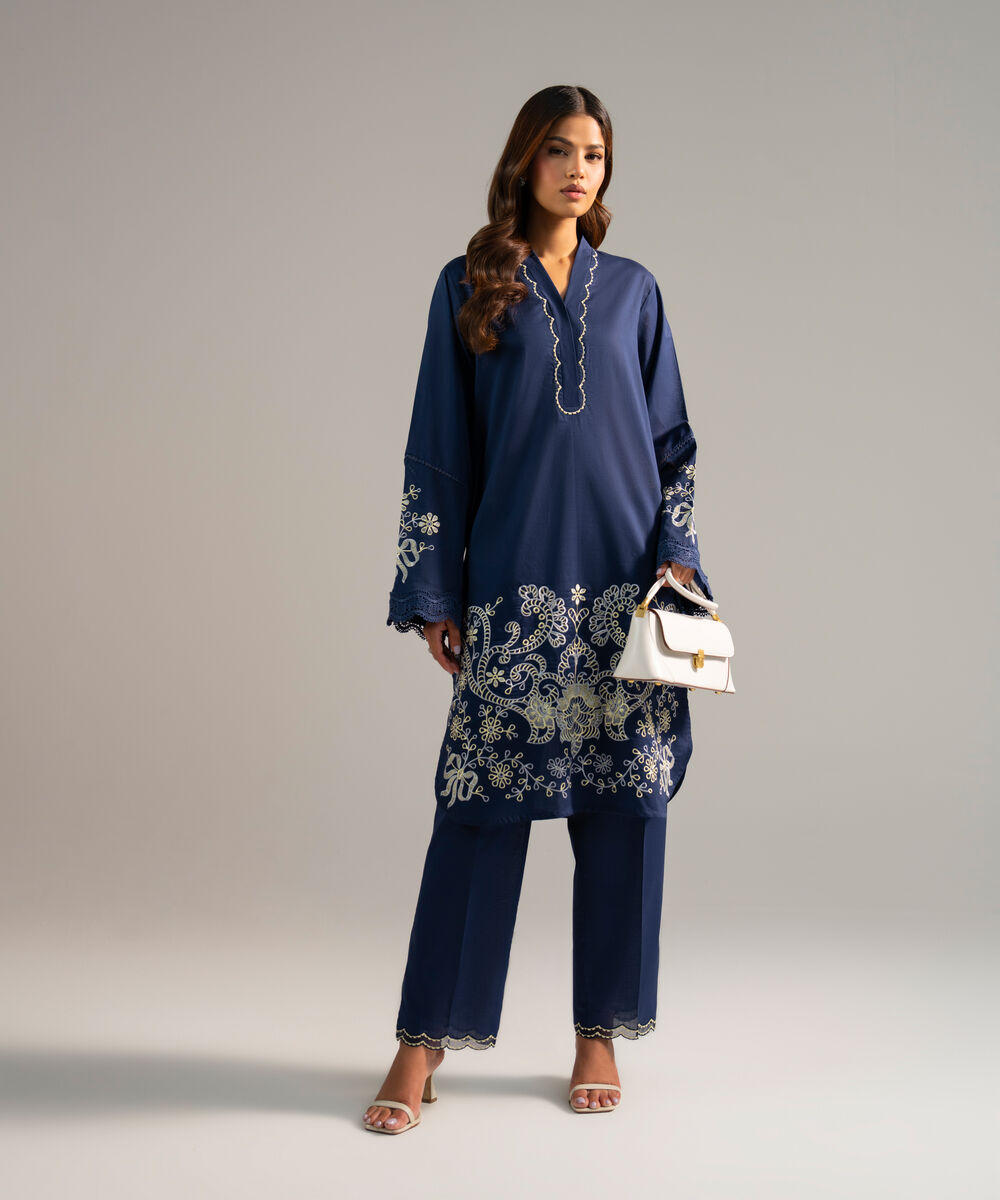 Women's RTW Crosshatch Embroidered Dark Blue Straight Shirt