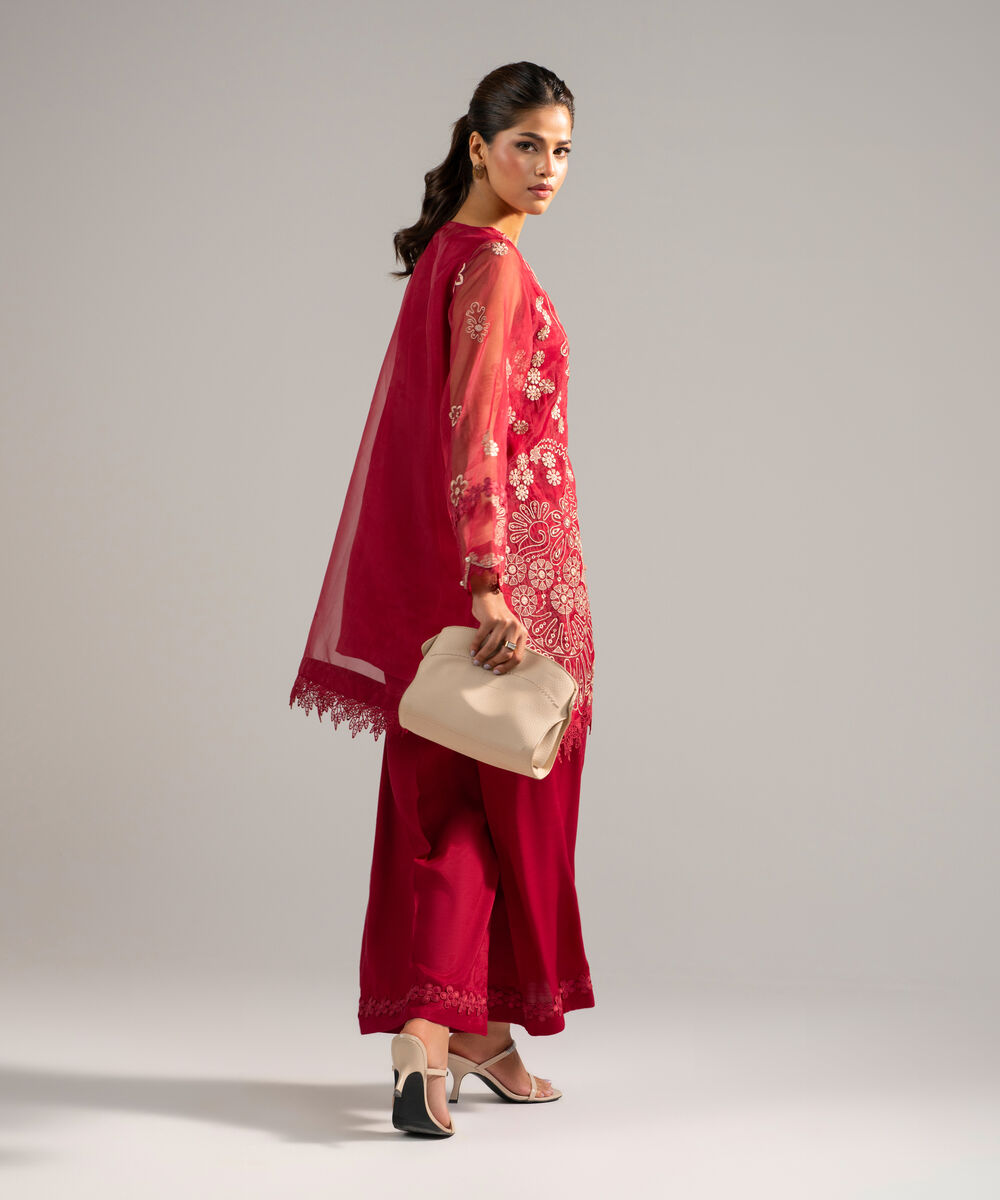 Women's RTW Organza Embroidered Red 2 Piece Suit