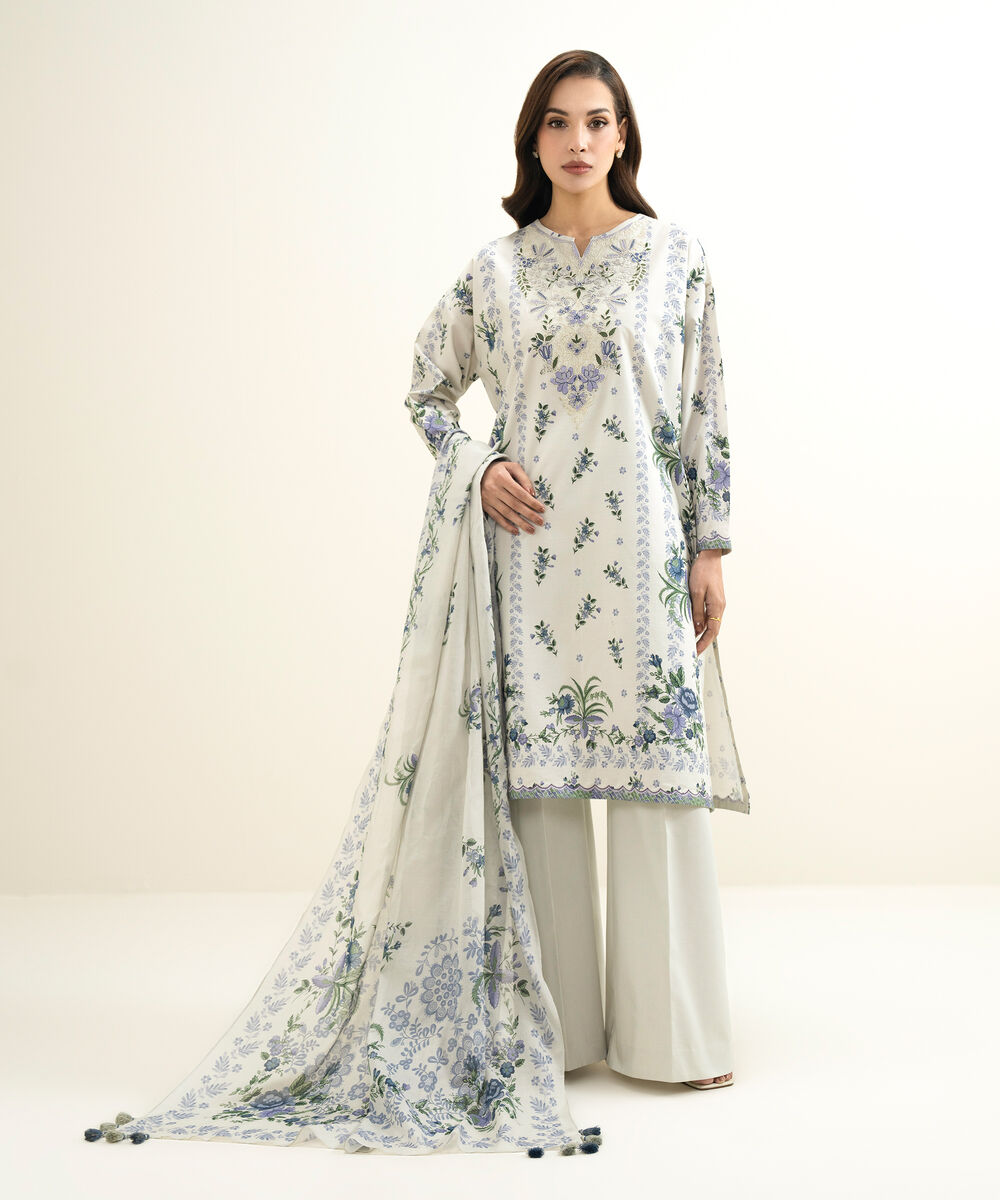 Women's Unstitched Lawn Embroidered Grey 3 Piece Suit