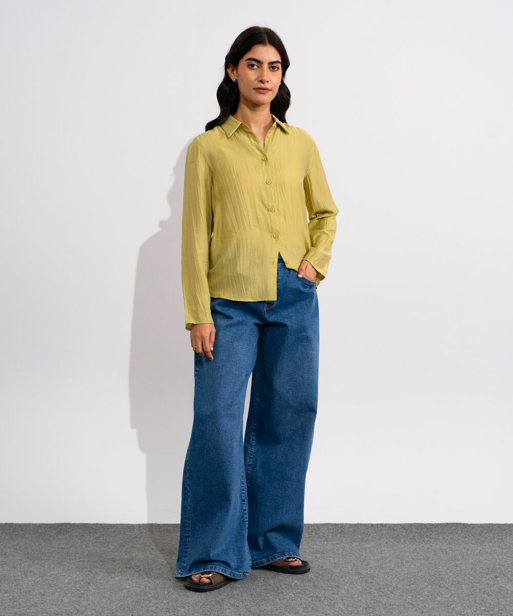 Women's Sage Green Textured Button Through Shirt