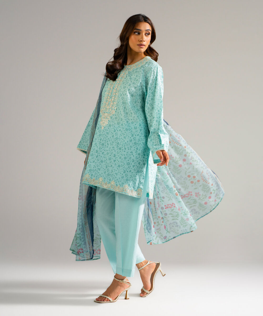 Women's RTW Self Jacquard Embroidered Blue 3 Piece Suit